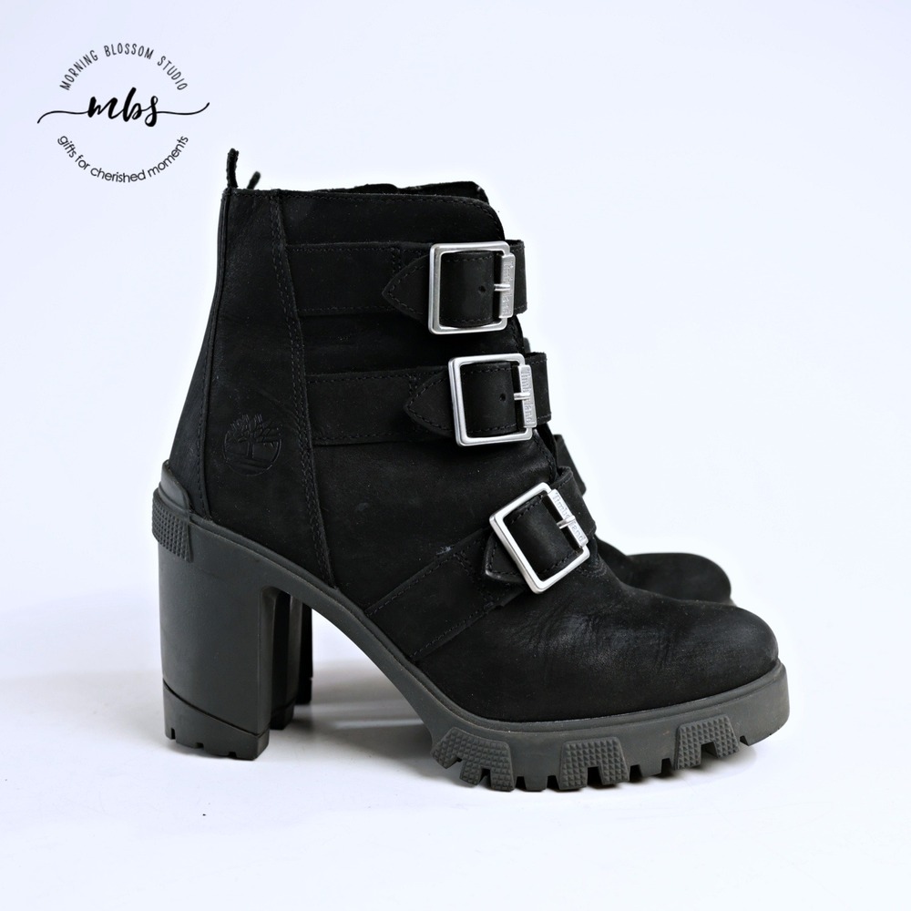 Timberland Kinsley 3-Buckle Nubuck Leather Boots Black Women 6.5